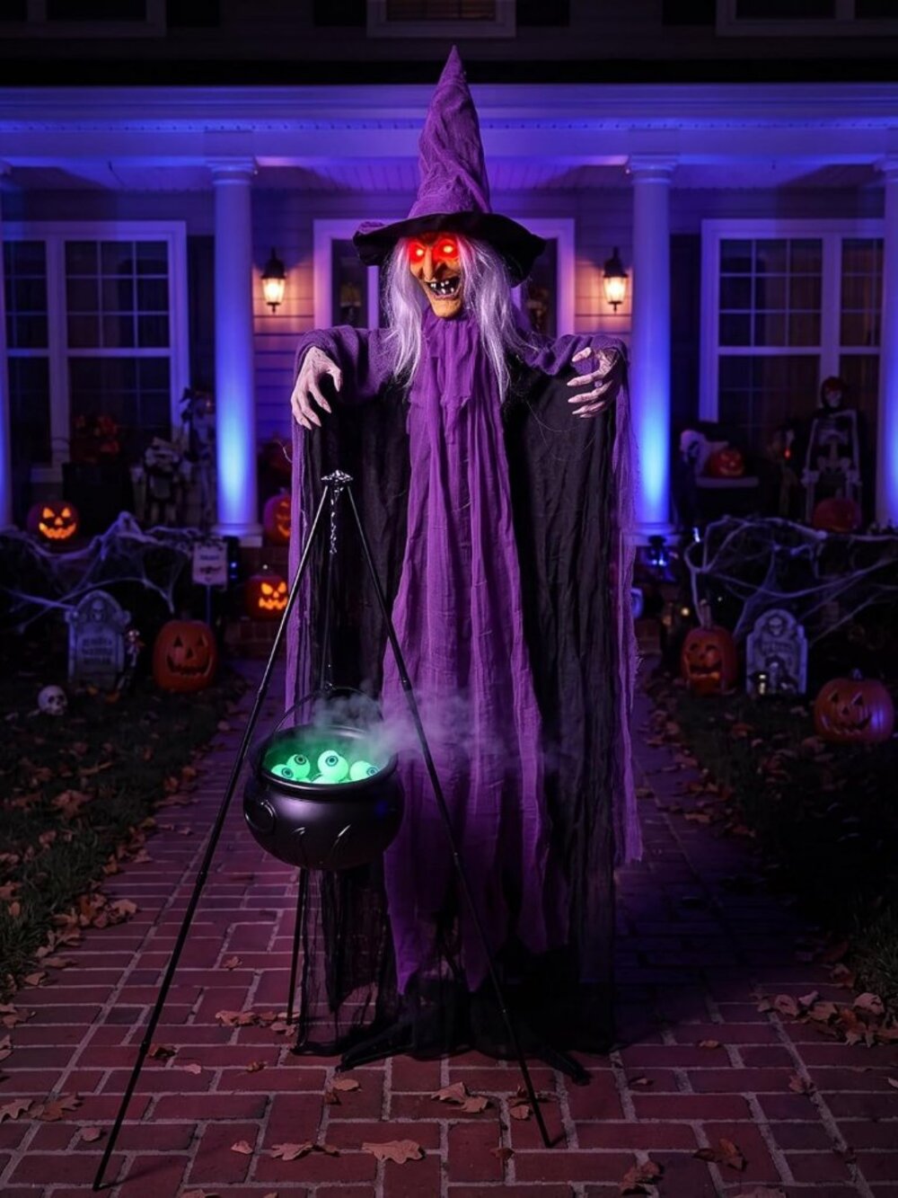 Life-Size Animatronic Witch with Cauldron - Sound Activated Halloween Decor for